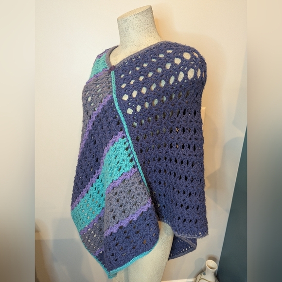 Peacock Artisan Knit Hand Poncho Sweater, Blue, Purple, Teal One Size Acrylic - Picture 6 of 13